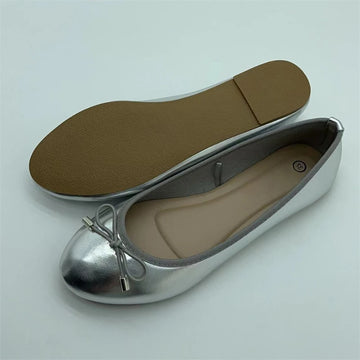 Xajzpa Gold Silver Elegant Bowknot Round Toe Women's Flat Comfort Slip-On Ladies Ballerina Single Mules Shoes Zapatos Mujer